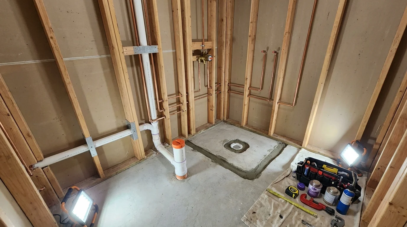 Bathroom rough-in plumbing during remodel by Johns Plumbing LLC in Plaquemine