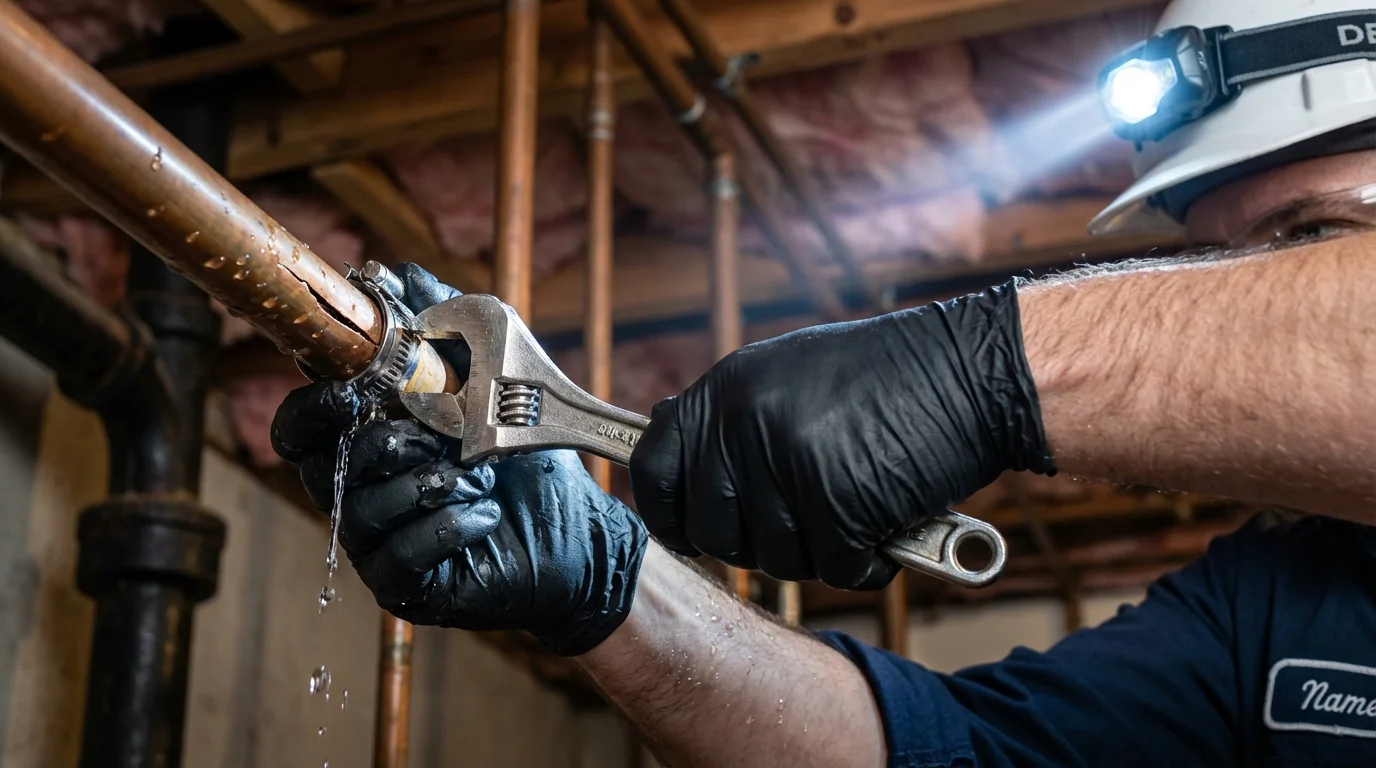 Emergency pipe clamp repair being performed by a Johns Plumbing LLC plumber in Plaquemine