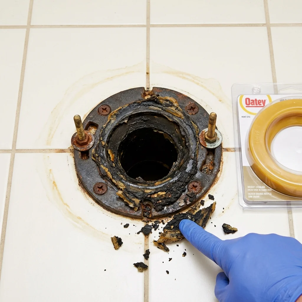 Failed wax ring showing water seepage at the base of a toilet in a Plaquemine, LA home