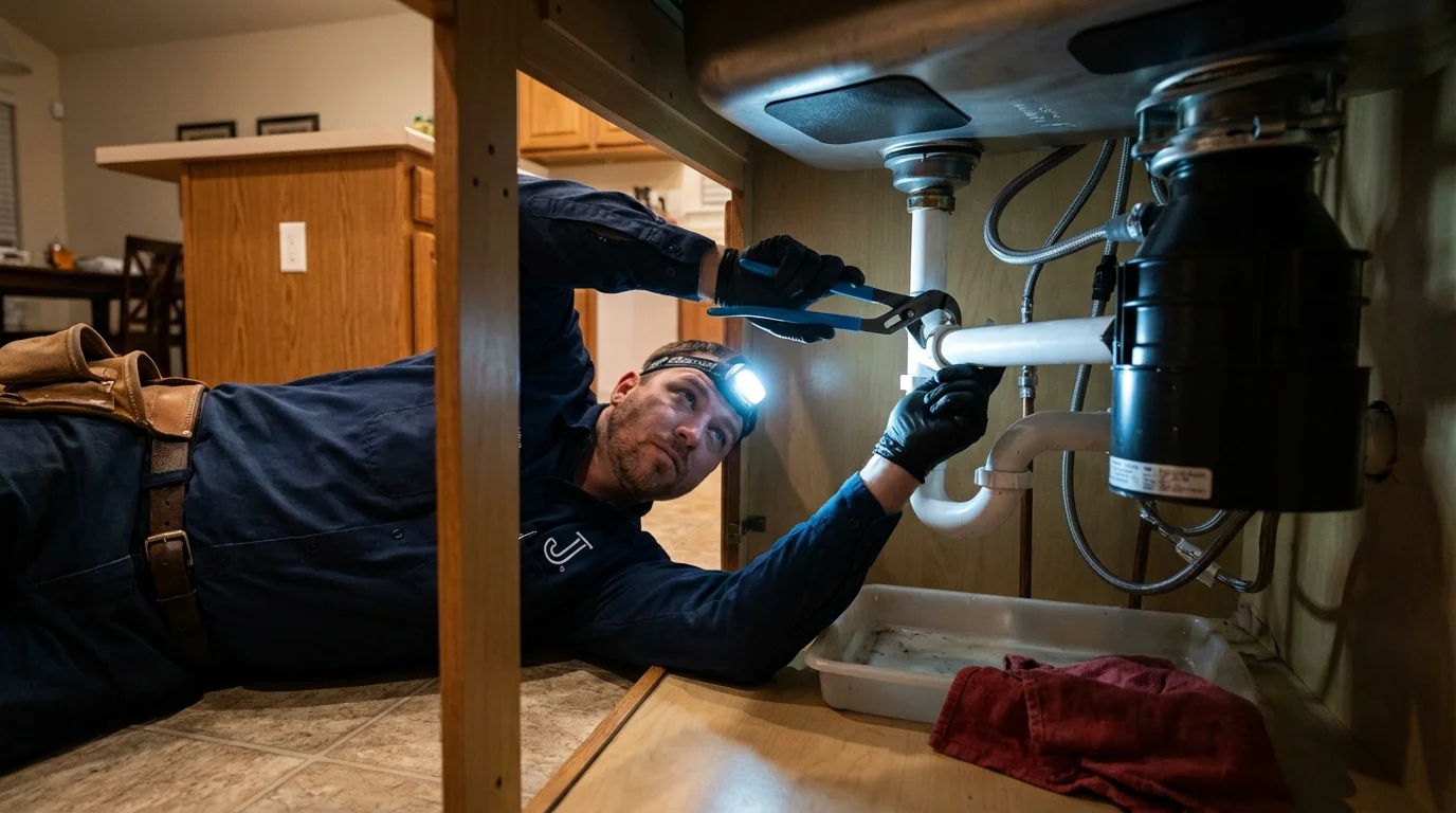 P-trap and supply line connections under a kitchen sink showing a common leak point in Plaquemine, LA